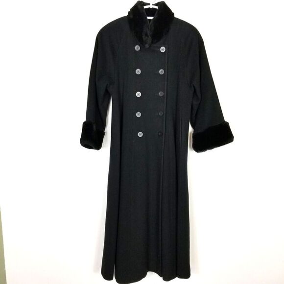 Marvin Richards Long Wool Coat Sz 6 Fur Trim Collar Cuff Black Double Breasted - Picture 1 of 8
